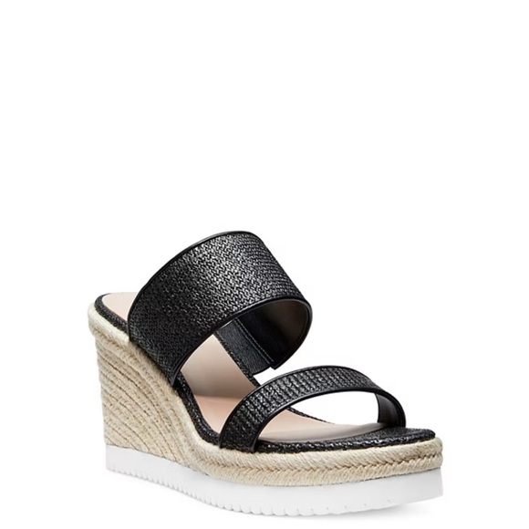 Stuart Weitzman Mykonos Two-Strap Wedge Sandals Herringbone Raffia & Black 38.5 - Picture 2 of 12